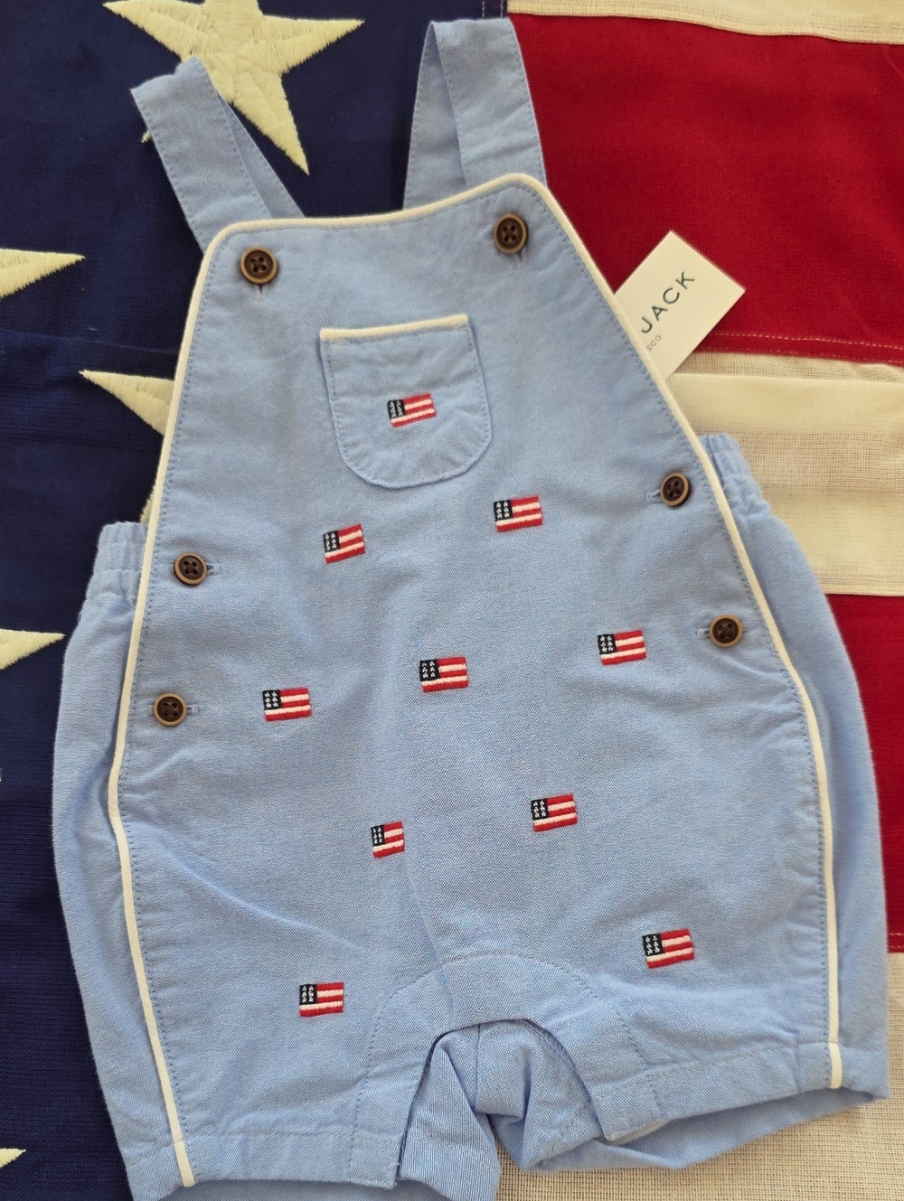 Jack by BB Dakota Light Blue Embroidered Flag Overalls